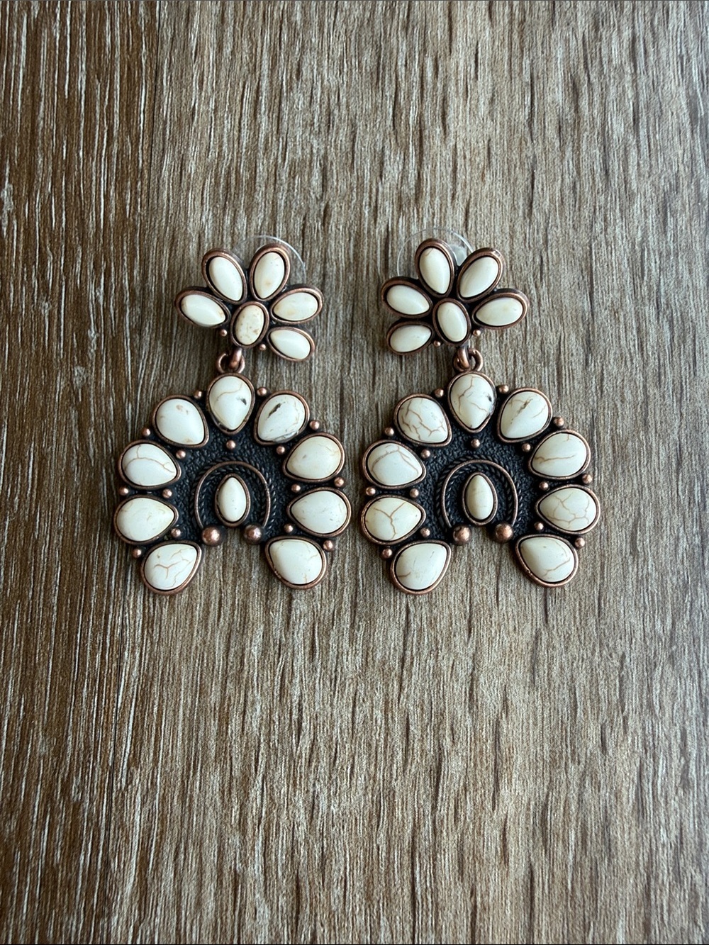 Cream Floral Statement Drop Earrings with Antique Gold Accents